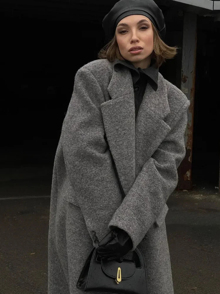 Gray Casual Womens Jacket Coat Woolen Notched Double Breasted Elegant Back Split Loose Outwear 2024 Autumn Chic Street Coats 240824