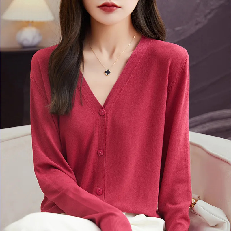 Casual Women Cardigans Spring Summer Loose Vneck Sweater High Strecth Single Breasted Cardigan Fashion Korean Knit 240824