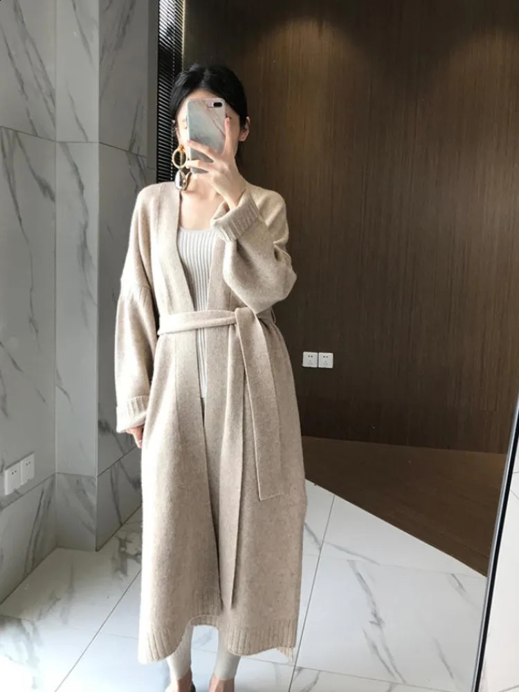 Autumn and winter Korean version of 100 cashmere cardigan loose long over the knee network red sweater coat knitwear 240824