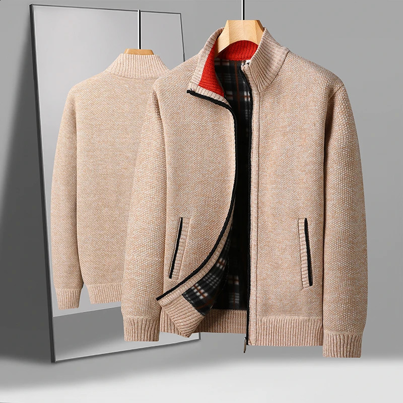 Mens Knitted Cardigan Jacket Autumn Winter Plush Sweater Clothes High Quality Jerseys Warm Casual Jackets Sweaters Coat 240824