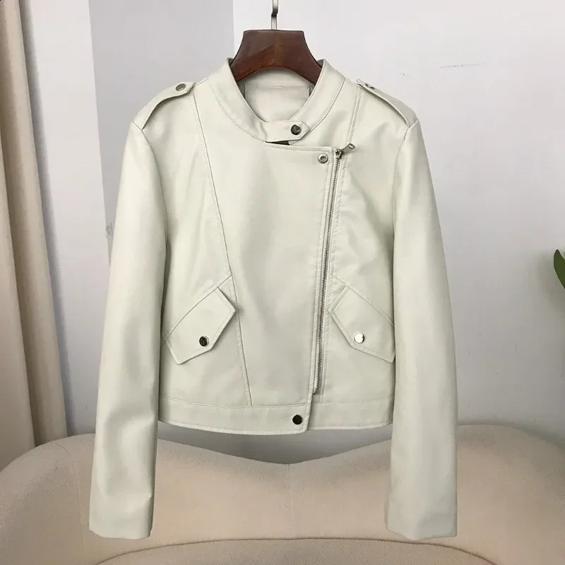 PU leather jacket womens short spring and summer motorcycle clothing ultra-thin round neck leather jacket small jacket 240824