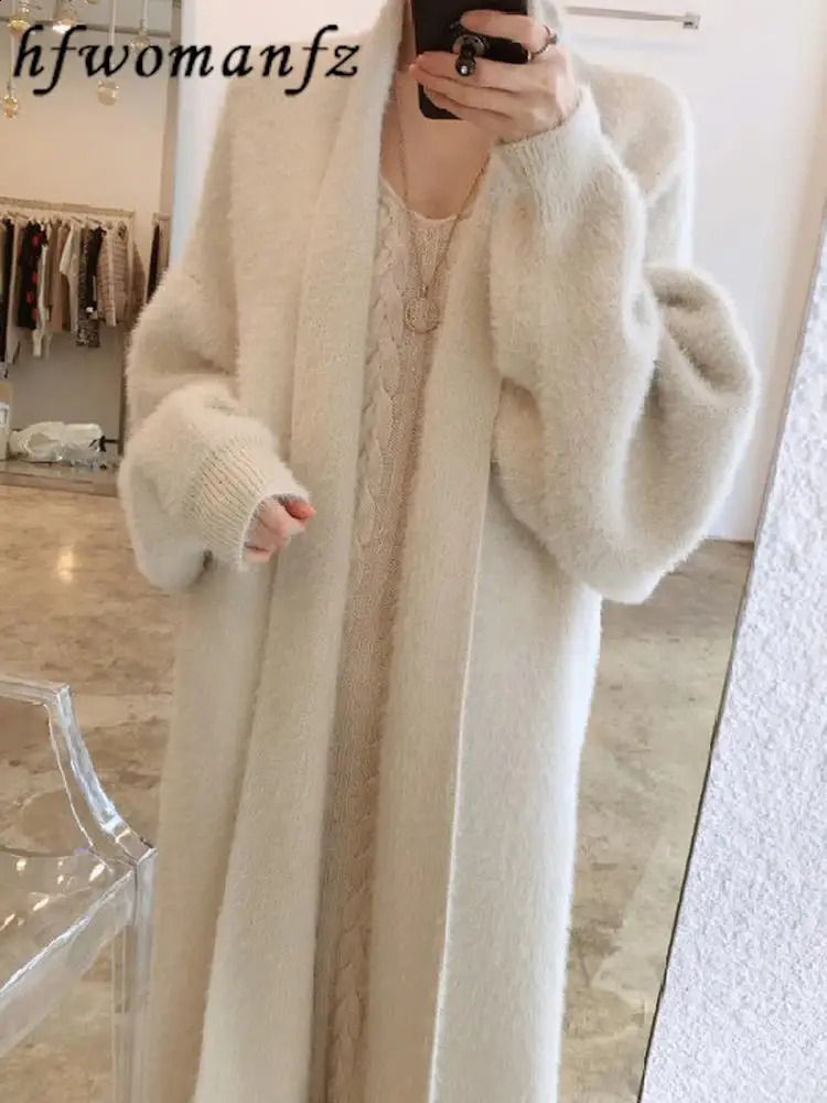 Korean Solid Long Woman Cashmere Cardigan Coat Sweet Fluffy Sleeve Sweater Winter Warm Loose Female Midi Knitted Clothing 240824