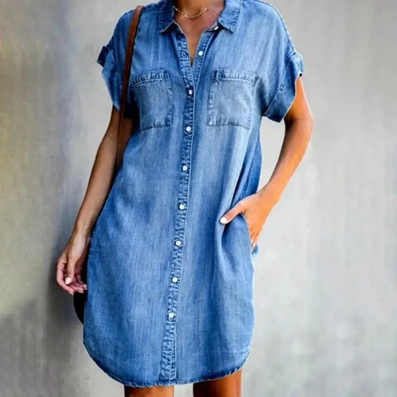 Summer Womens décontracté à manches courtes en denim Robe de mode Bouton Bouton Pocket Mini robe Bohemian Beach Jeans pour femmes 240824