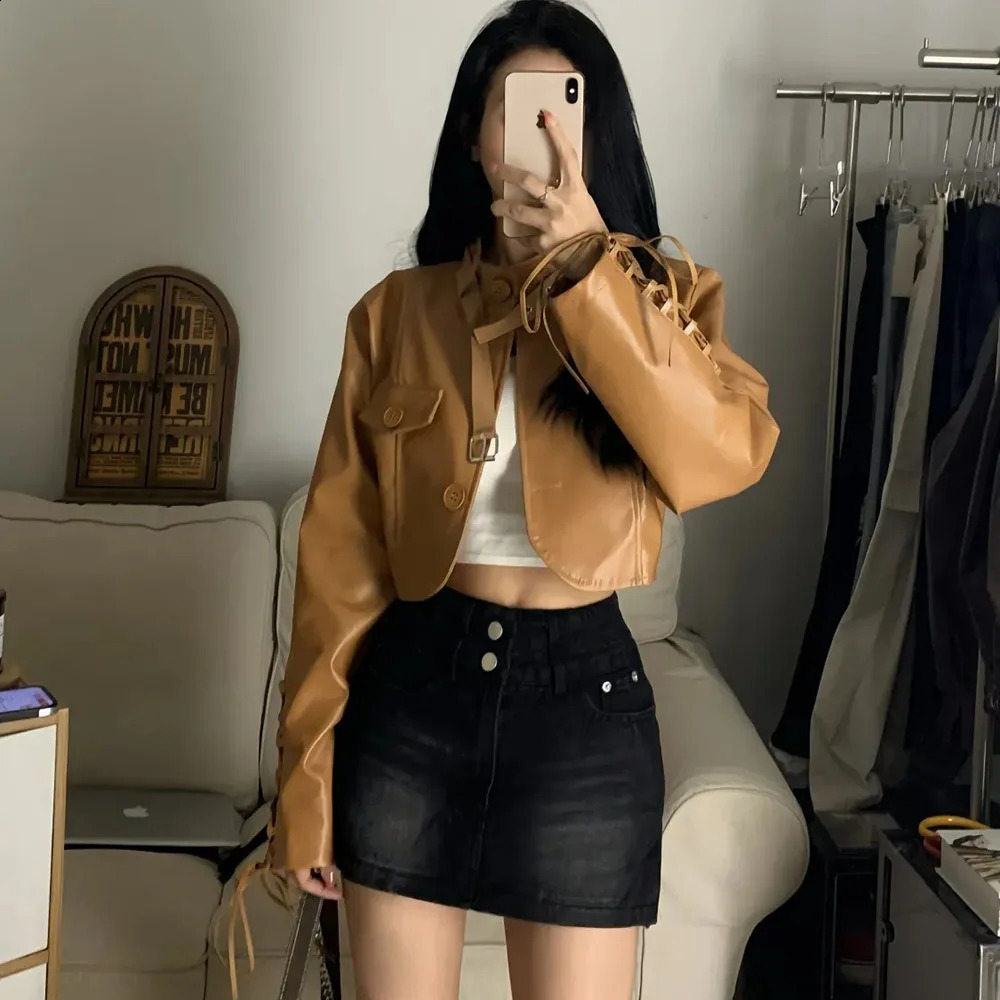 Brown leather short bicycle jacket womens retro streetwear PU Coats top-level womens Harajuku fashion Y2K synthetic leather oversized jacket 240824
