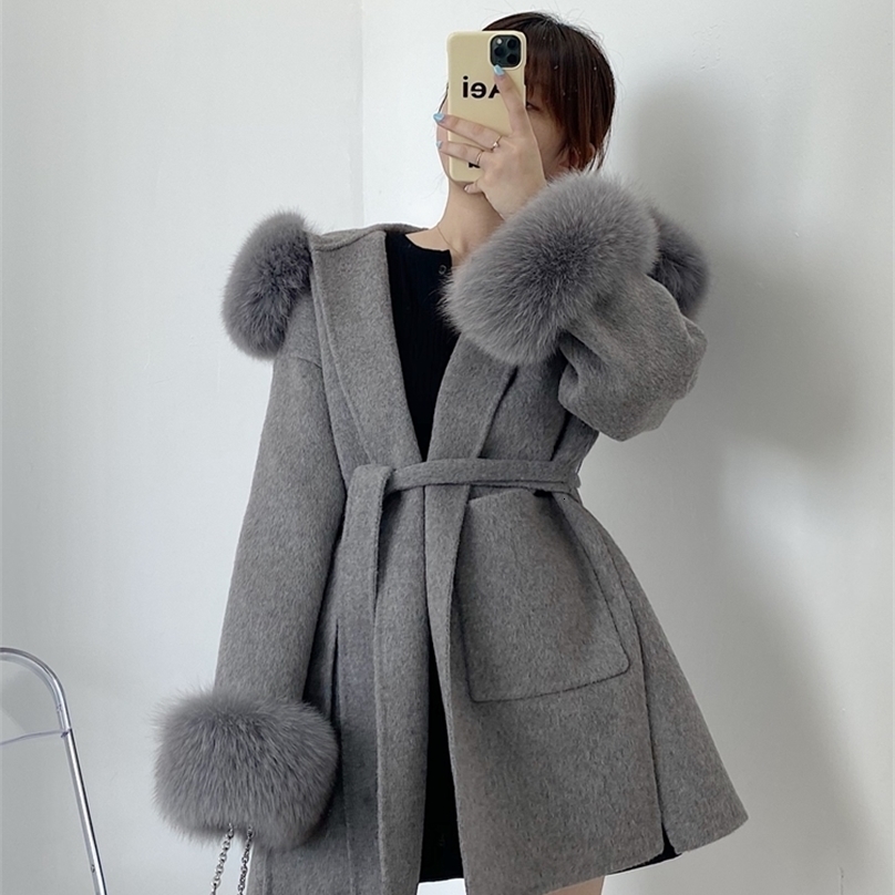 wool coat oversized womens coat winter womens natural fox fur collar sleeve jacket hood cashmere wool 240824 ww