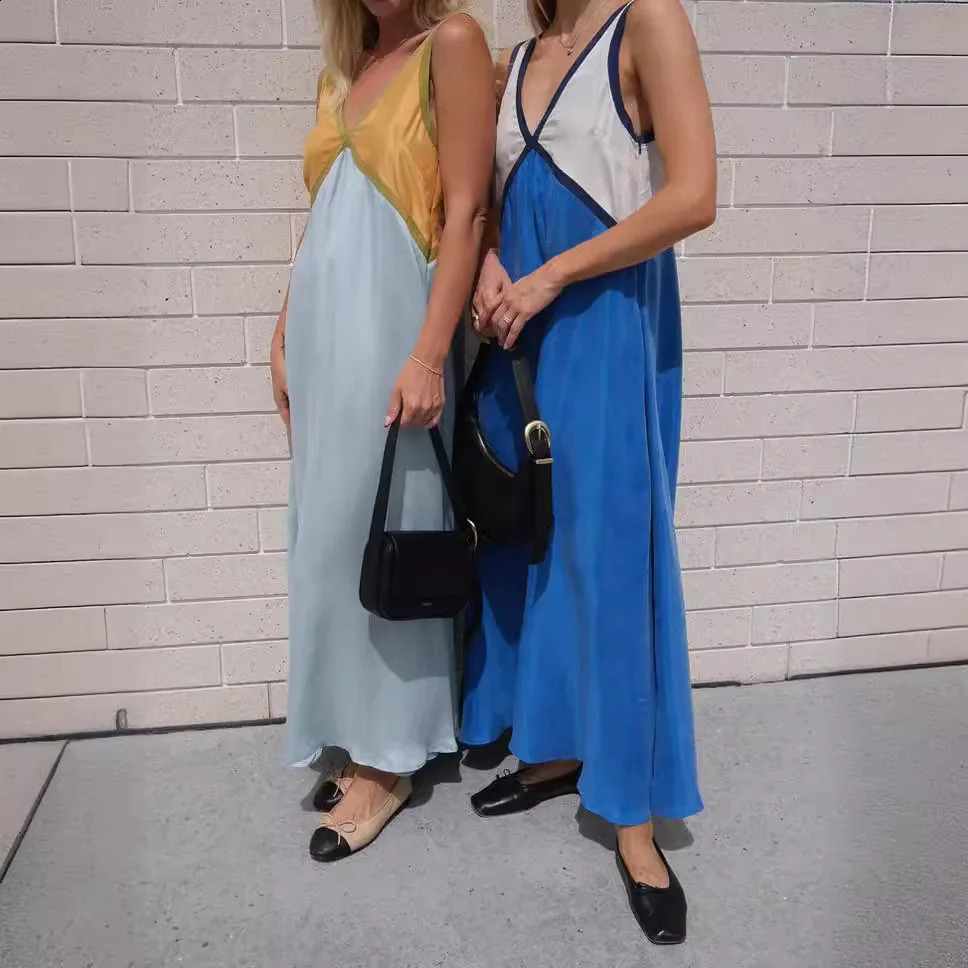 Womens Summer V-neck Loose Sleeveless Dress with High Waist Splicing Fashionable and Sexy Long Dress 240824