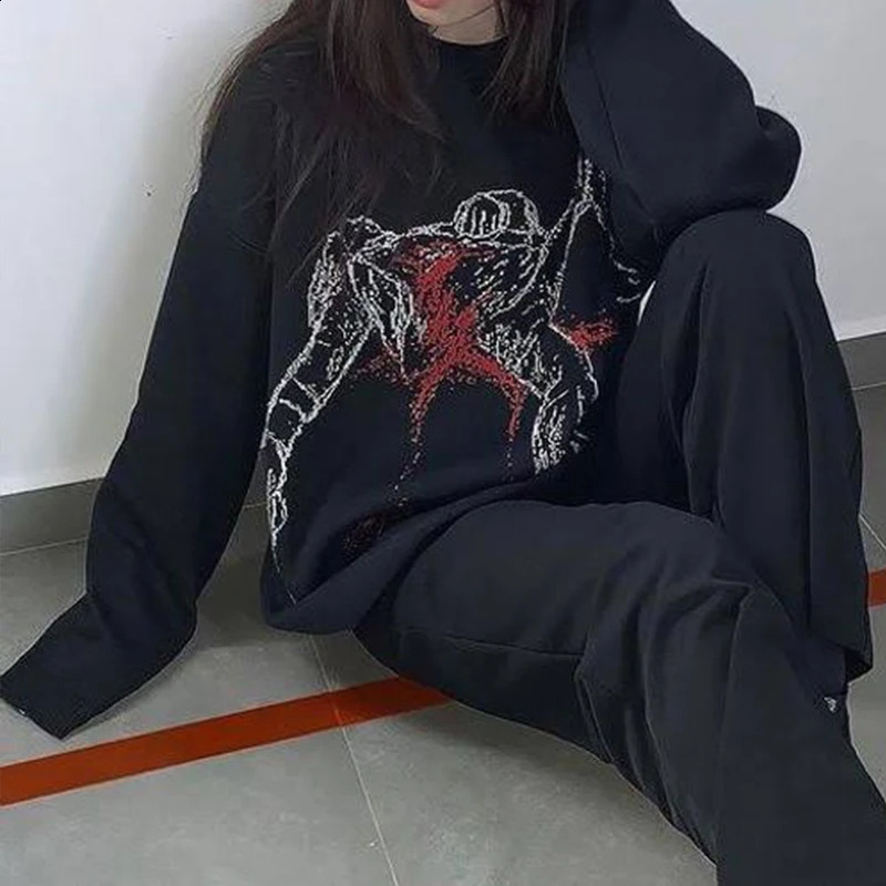 Hip Hop Streetwear Knit Sweater winter Pullover Loose Retro Vintage Halloween EMO y2k goth Womens sweater top unisex knitwear 240824