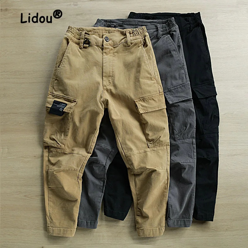 Mens Solid Color Stickers Button Man Cargo Pants Multiple Pockets Street Casual Loose Bind Ones Feet All-match Trousers 240824