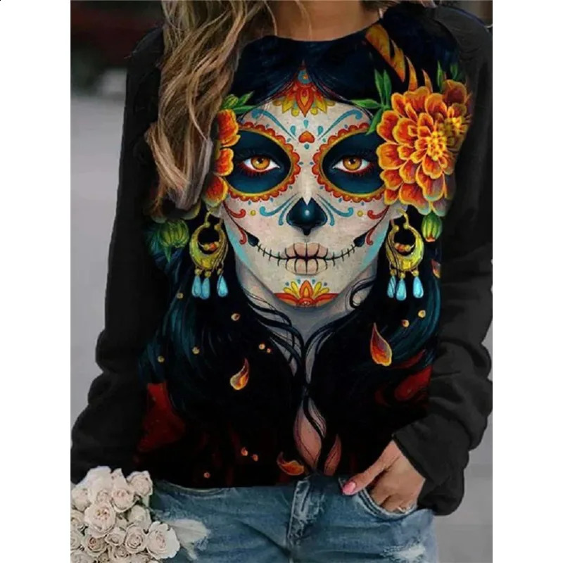 Woman Halloween Skull Print Long Sleeve Round Neck Sweater Autumn Winter Womens Fashion Casual Clothing Pullovers 240824