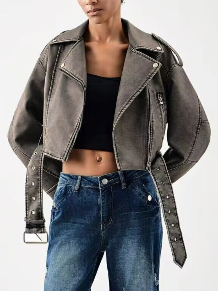 Womens short leather jacket autumn retro bicycle crop jacket womens long sleeved lapel motorcycle jacket artificial leather jacket 240824