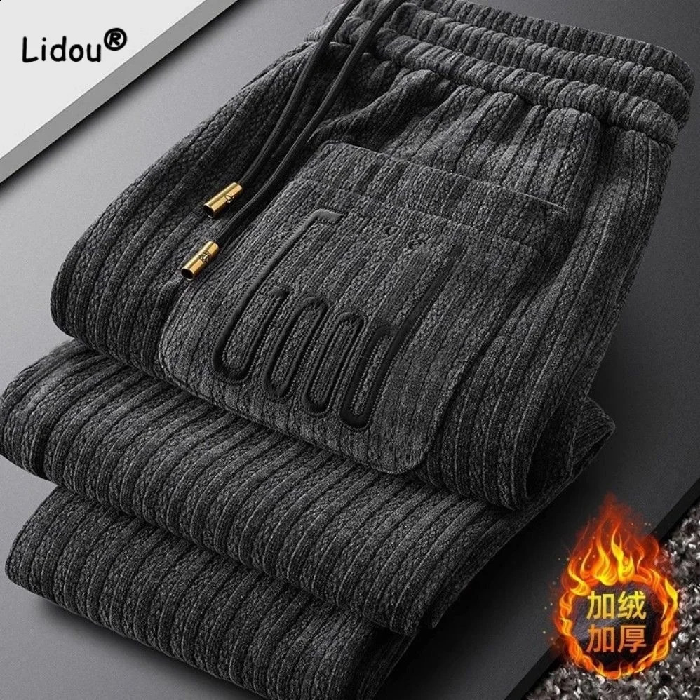 Autumn Winter Fashion Mens Plus Velvet Thickening Solid Color Pants Warm Slim Drawstring Mid Waist Trousers Male Clothes 240824