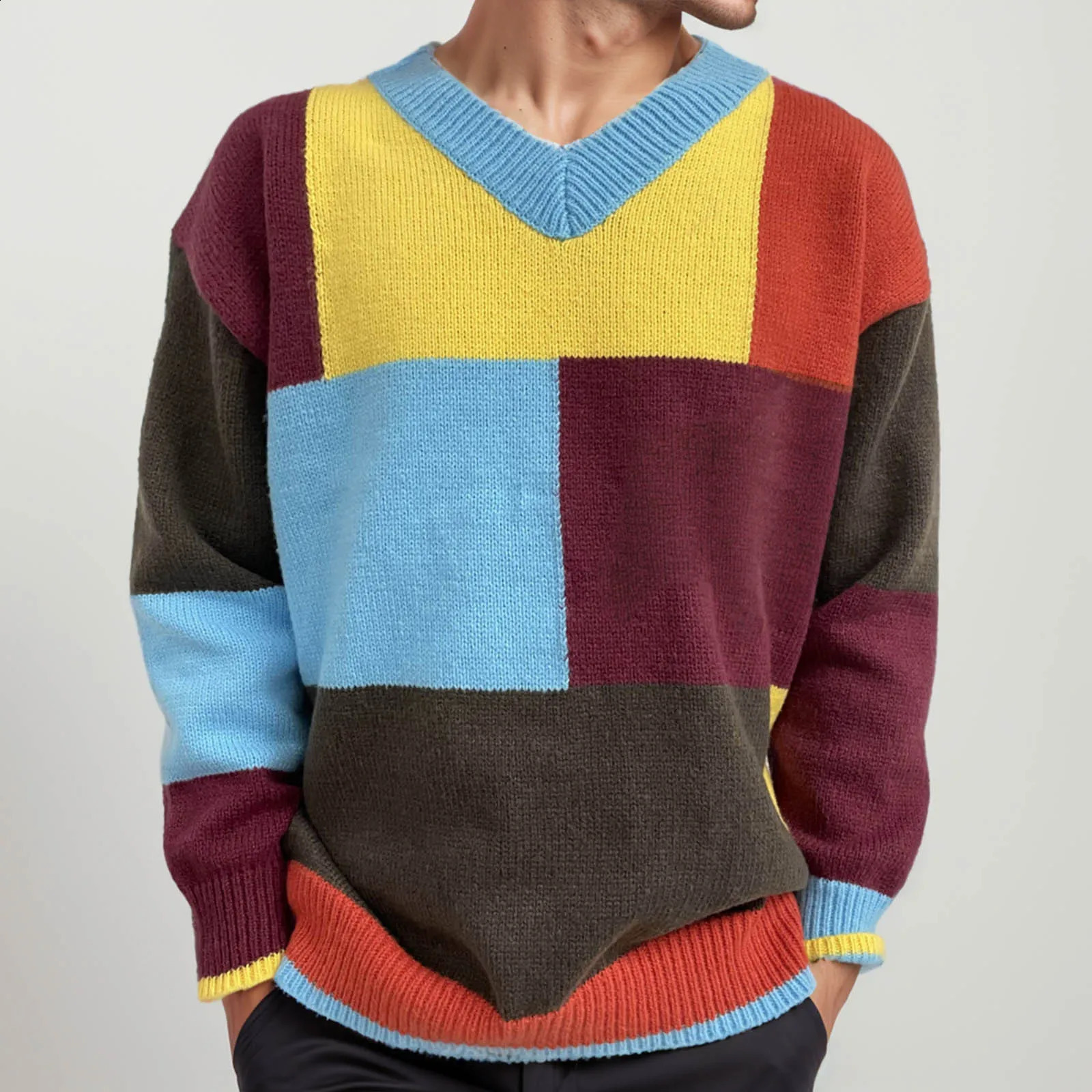 Mens graphic autumn and wInter fashion casUAl color matching pull-out knitted long sleeved sweater Y2K 240824