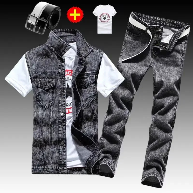 Spring and autumn mens thin sleepwear denim jacket pencil pants T-shirt 3-piece set jacket Trouser casual mens slim fit 240824