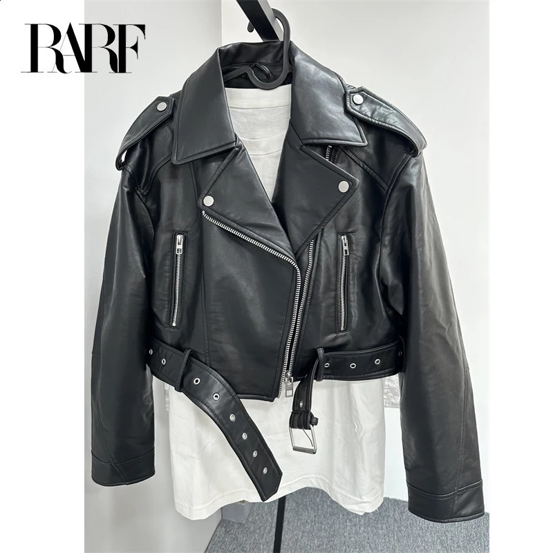 RARF Womens Washed Leather Jacket with Belt Short Coat Zipper Retro Collar E-jacket 240824