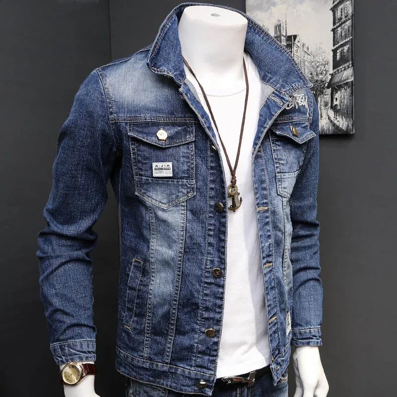 Fashion denim jacket mens letter jacket slim embryo spring and autumn teenage standing collar long sleeved denim jacket 240824