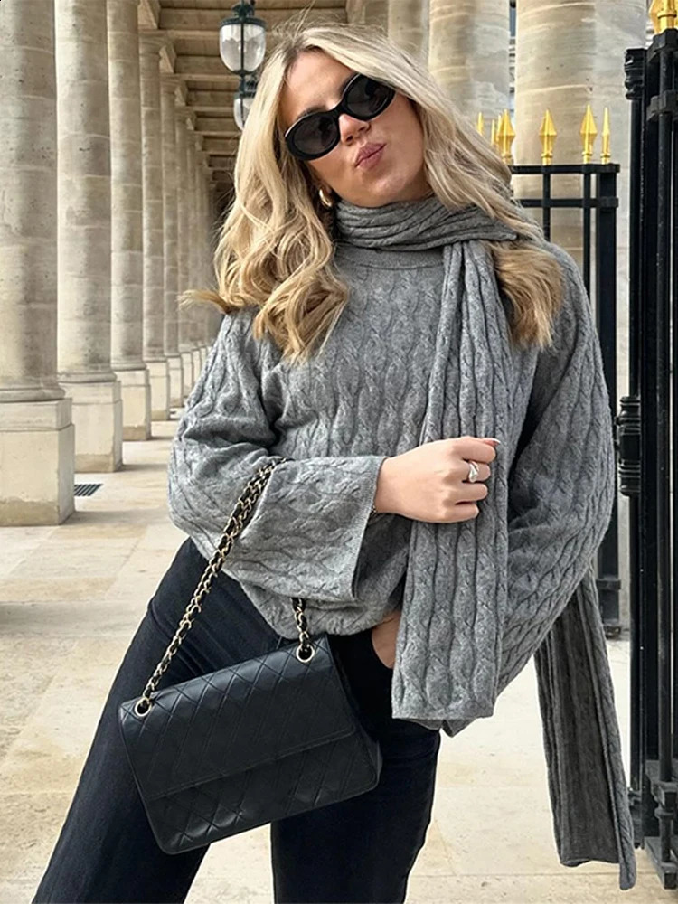 Mode solide pull avec écharpe femmes 2024 automne hiver élégant à manches longues pull Chic dame tricoté pull haute rue 240824