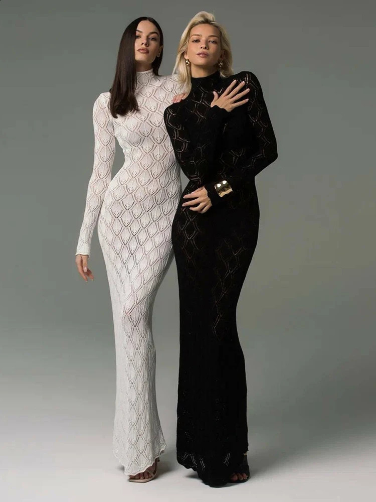 Sibybo sexy voir à travers Hollow Out tricot Robe d'automne basique Couleur de base causale à manches longues haute robe élastique Femmes Long Ro