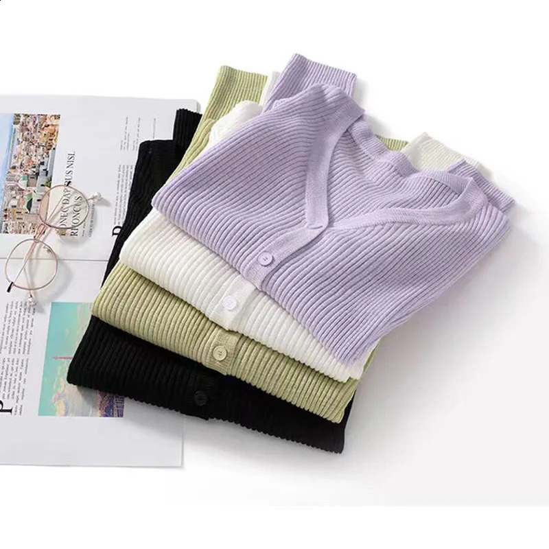 Womens Korean Loose Ramie Cotton Cardigan Knit Top VNeck Ice Silk Long Sleeve Thin Casual Air Conditioning Sweater 240824