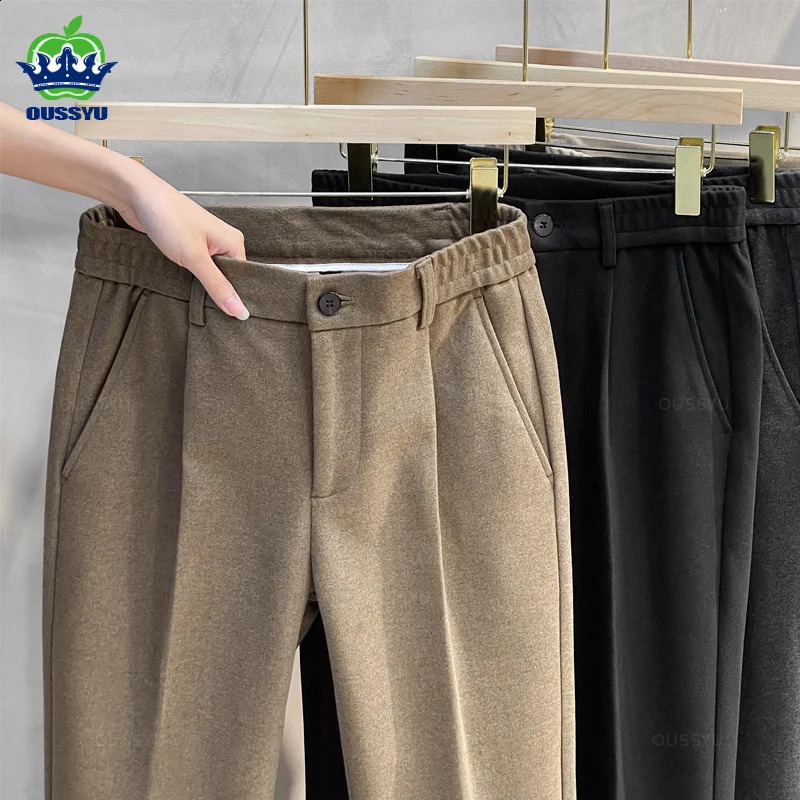 Autumn and Winter Set Mens Thick Business Elastic Waist Classic Grey Brown Wool Straight Formal 240824