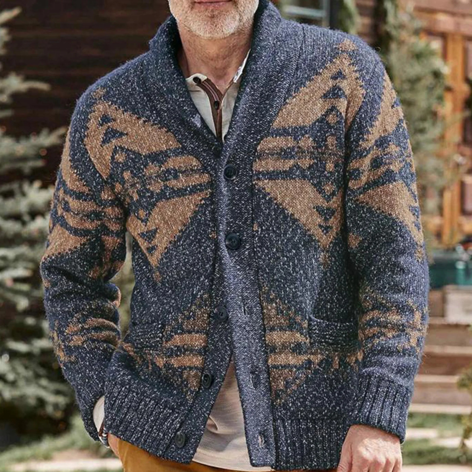 Mens cardigan wool sweater European and American autumn/winter retro jacquard sweater casual edition wool jacket 240824