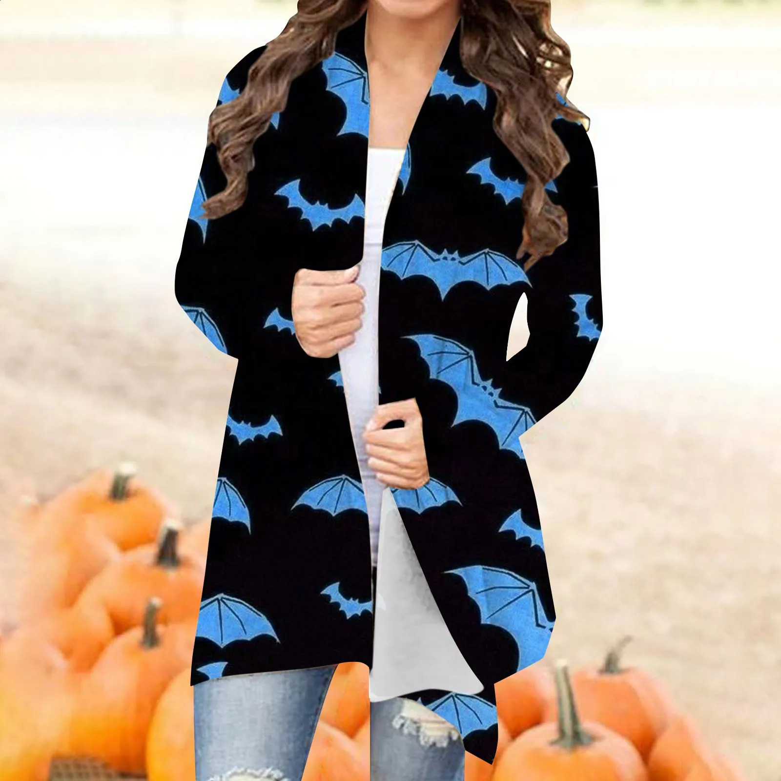 Womens Halloween Cardigan Pumpkin Cat Print Long Duster Sweater Blank Kimonos Sweaters for Women Leopard 240824