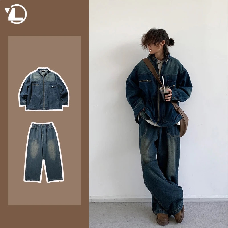 Cowboy tool kit mens Year autumn street retro washed denim two-piece set motorcycle Y2K trend bomber cargo set 240824