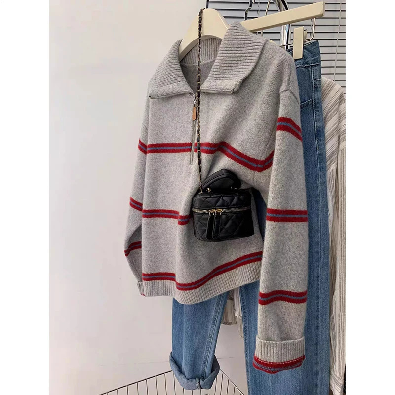 Women Fashion Loose Striped Asymmetry Knitted Sweaters Vintage Long Sleeve Zipup Female Pullovers Chic Gray and Pink Tops Y2k 240824