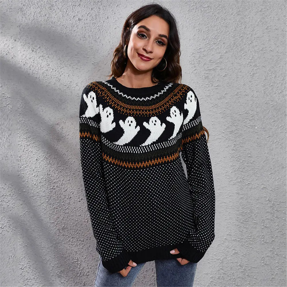 2024 Autumn Women Sweater Halloween Chic Jumper Vintage Polka Dot Knitting Tops Fall Winter Warm Cartoon Ghost Pullover 240824