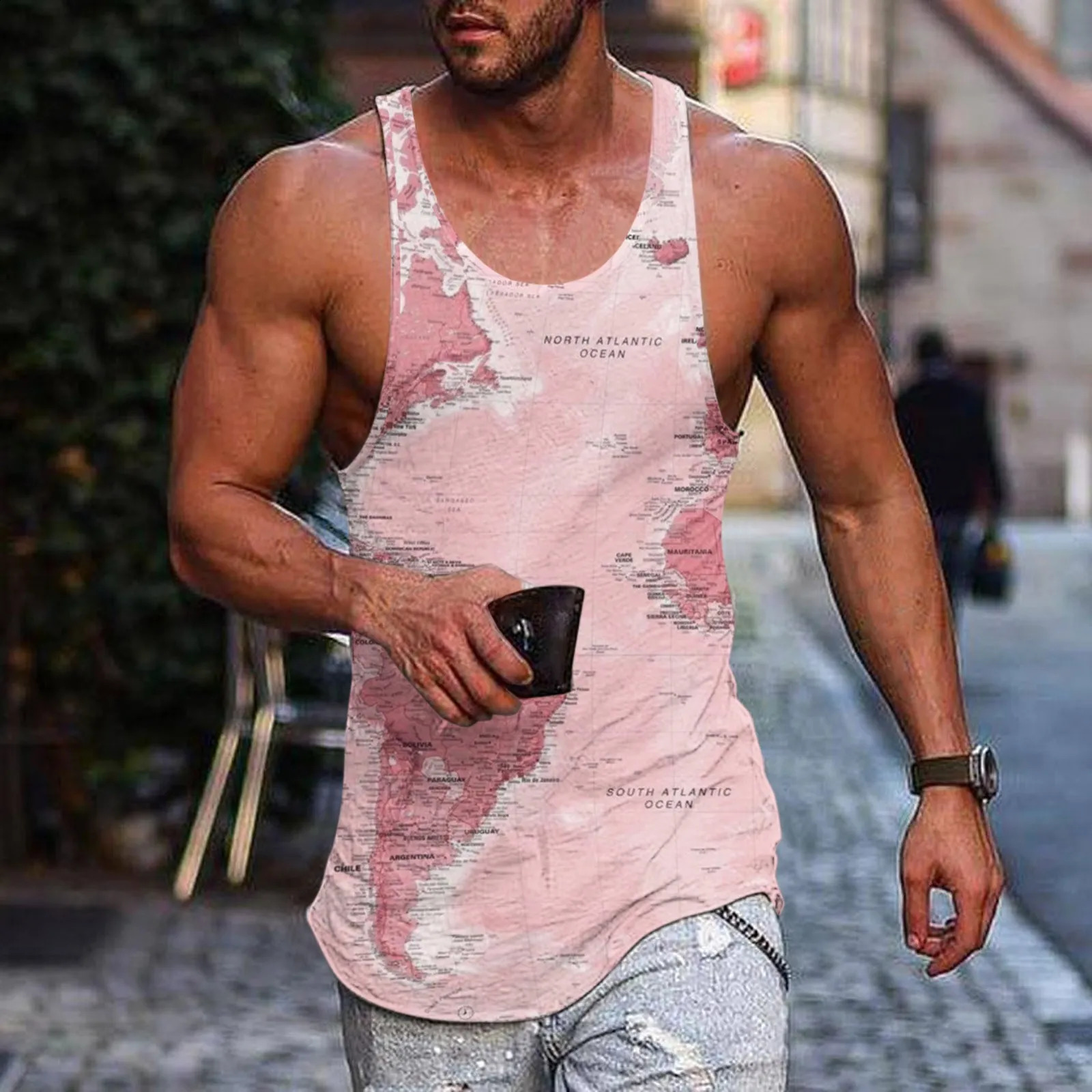 Summer Fitness Tank Top Fitness Muscle Mens Sports Tank Top Training Underwear 3D Map Printing Sleeveless Mens Pink Tank Top 240824