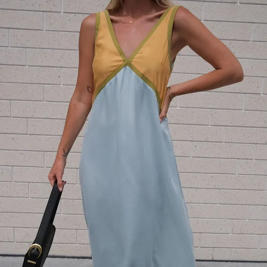 V-neck womens sleeveless dress fashionable patchwork work and leisure spring and summer dress Camisol long dress holiday party streetwear 240824