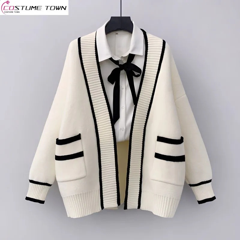 2023 Spring and Autumn Korean Version Loose Mid Length Pocket Academy Style Fashion Sweater Cardigan Coat Womens Knit 240824