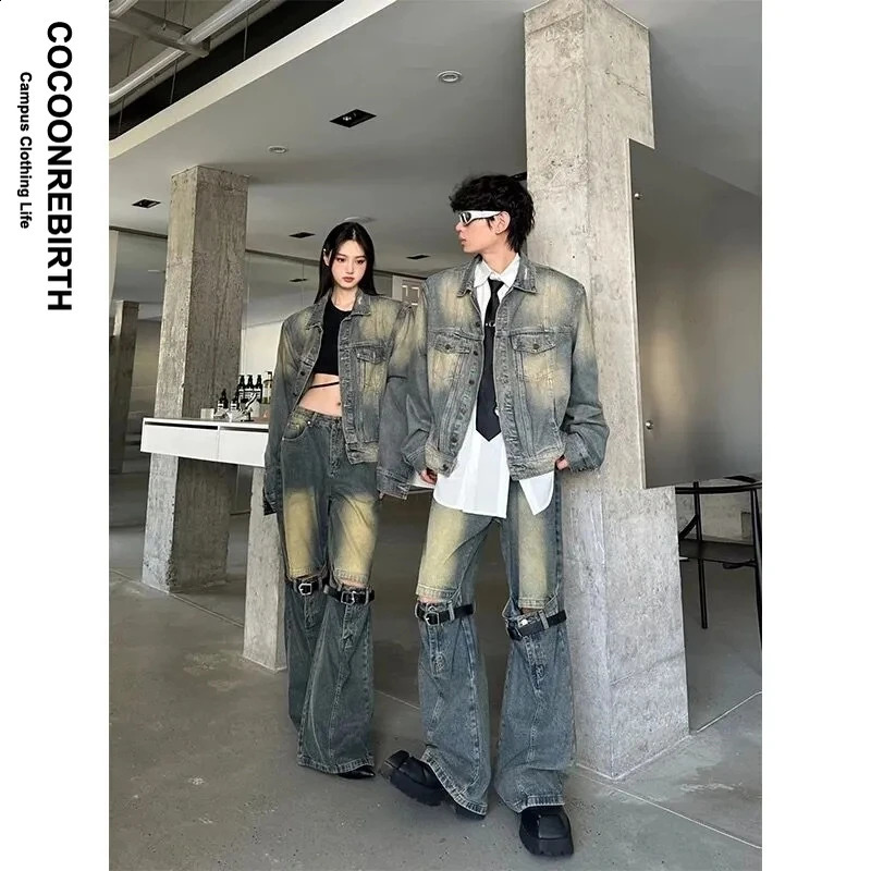 Street denim suit mens and womens washed tight denim jacketpatchwork work straight loose jeans retro set autumn 240824