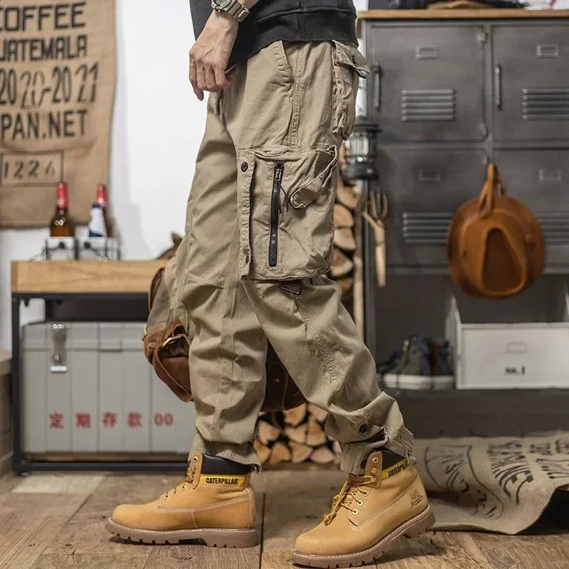 Retro drawstring leg overalls mens spring and fall pocket nine-minute pants outdoor street high street loose casual pants 240824