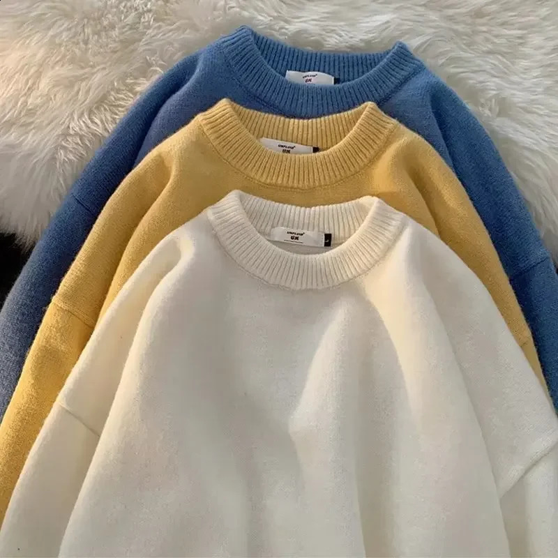 Mens Simple Paradigm Round Neck Knitted Sweater Solid Color Pullover Casual Loose Base Color Hong Kong Style Sweater 240824