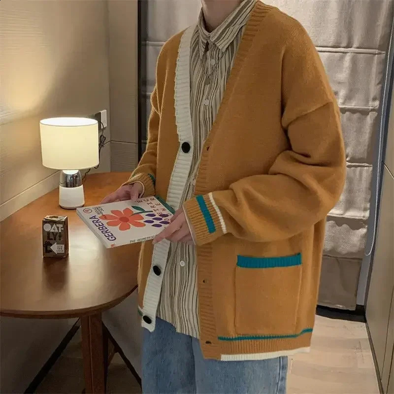 Mens Knitted Sweater Blue Jacket Mens Clothing Open V-neck Coat Splicing Work Spring and Autumn Harajuku Fashion Wool X from Japan 240824