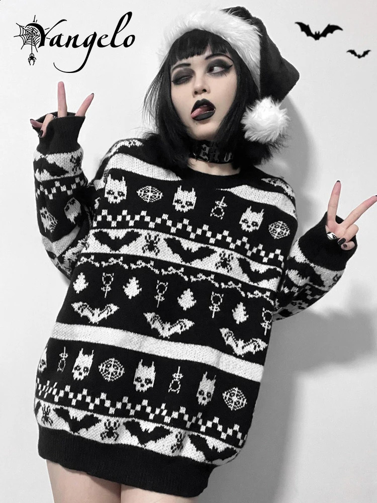 Yangelo Halloween Dark Gothic Skull Punk Retro Bat Pattern Autumn Winter Soft Warm Knitted Sweater Womens Pullover 240824