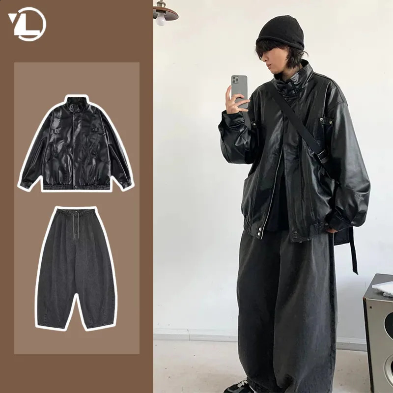 Street motorcycle mens unisex retro casual pilot suit hip-hop loose leather jacket2 Japanese washed straight jeans 240824