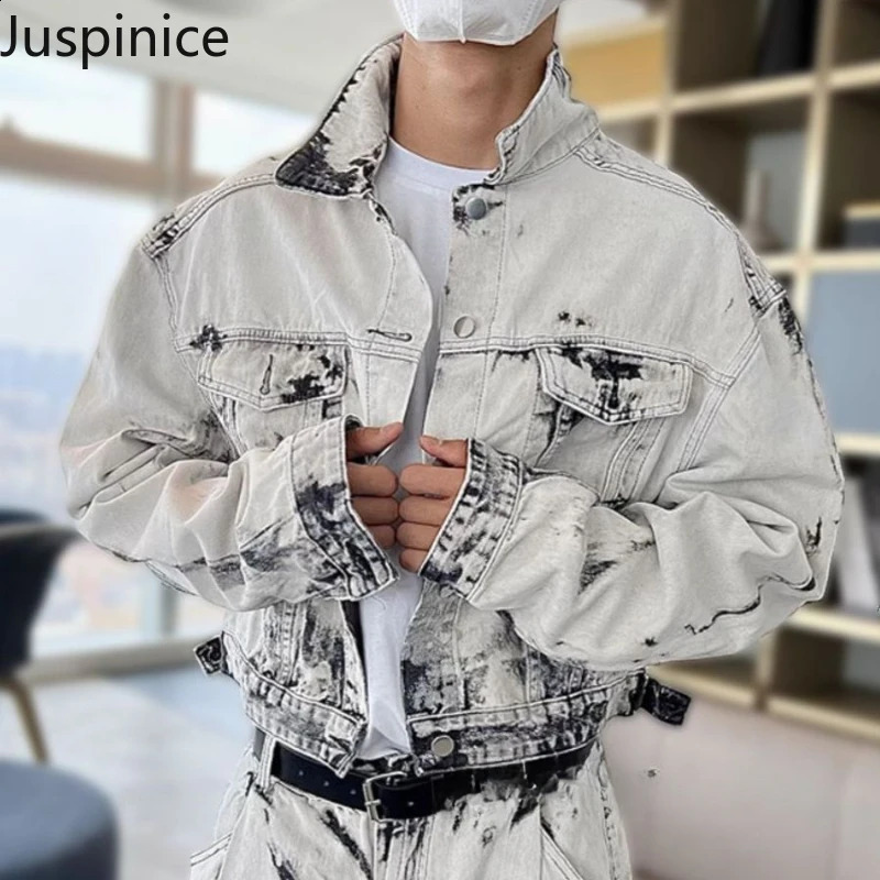 Vintage American tie dye denim jacket jeans set fashionable mens casual loose fit mens wide leg coat mens clothing 240824