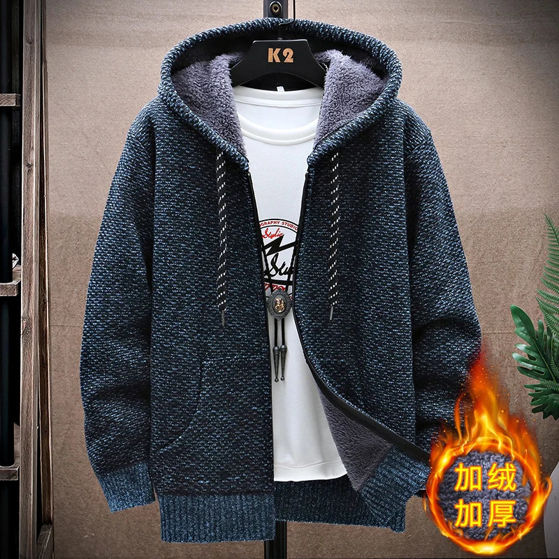 2024 AutumnWinter Mens Casual Hooded Thickened Knitted Cardigan Sweater Coat Fashion Versatile Warm 240824