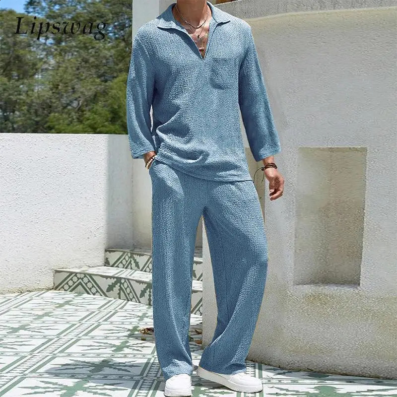 Ensemble en deux pièces à manches longues décontractées quotidiennes 2024 Texture de couleur solide de mode d'automne Polo en vrac et pantalon Se