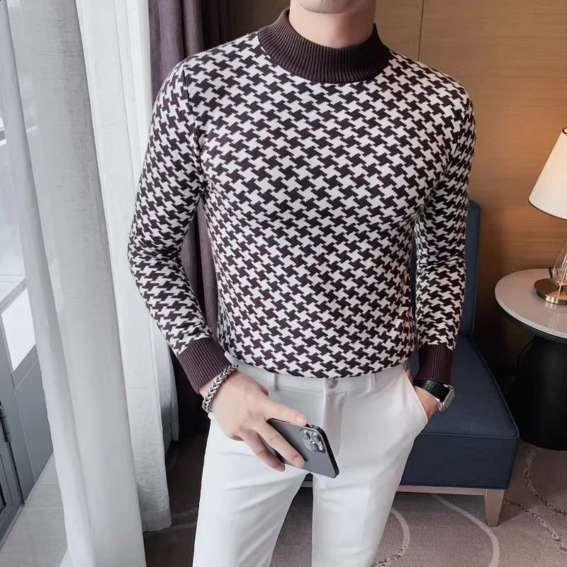 2024 Houndstooth Mens Half Collar Jacquard Sweater for Autumn and Winter Warm and Casual Slim Fit Fleece Mens Thick Plaid Jacquard Sweater 240824