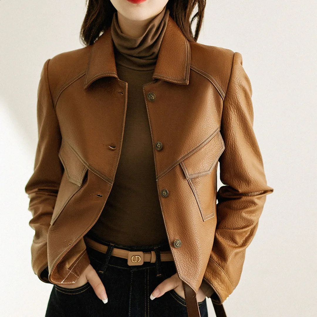 Spring and autumn single chest leather jacket for women short and slim fit motorcycle leather jacket for women brown collar PU jacket for women 2408