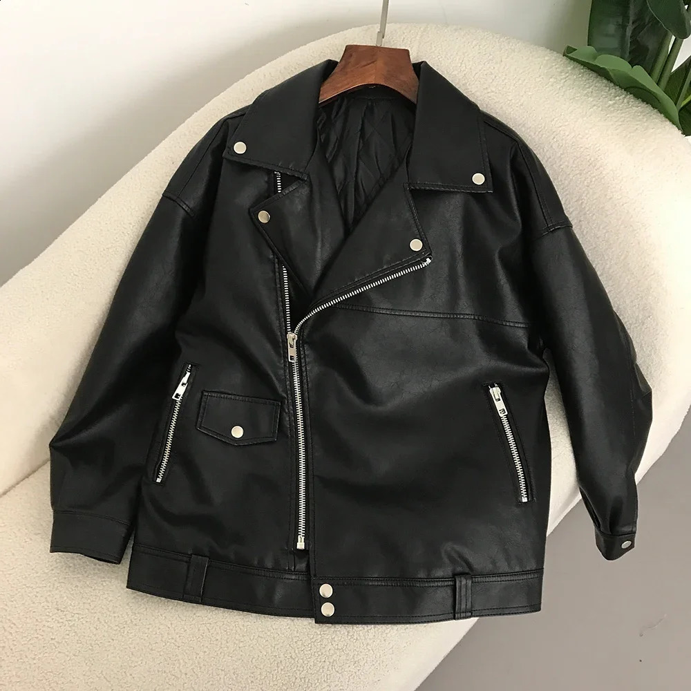 Ultra fine jacket artificial leather jacket PU loose motorcycle jacket womens casual streetwear fashionable Year zipper 240824