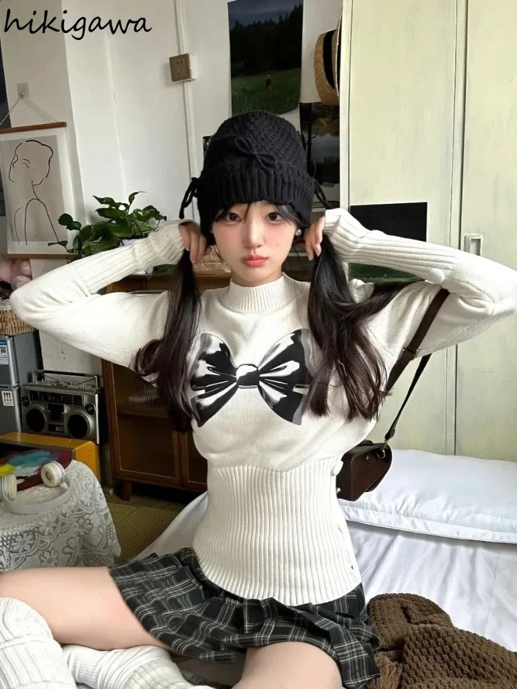 Sweet Bow Sweater Women Fall Winter Clothing Slim Waist Half High Collar Long Sleeve Jumper Pull Femme Knitted Korean Pullovers 240824