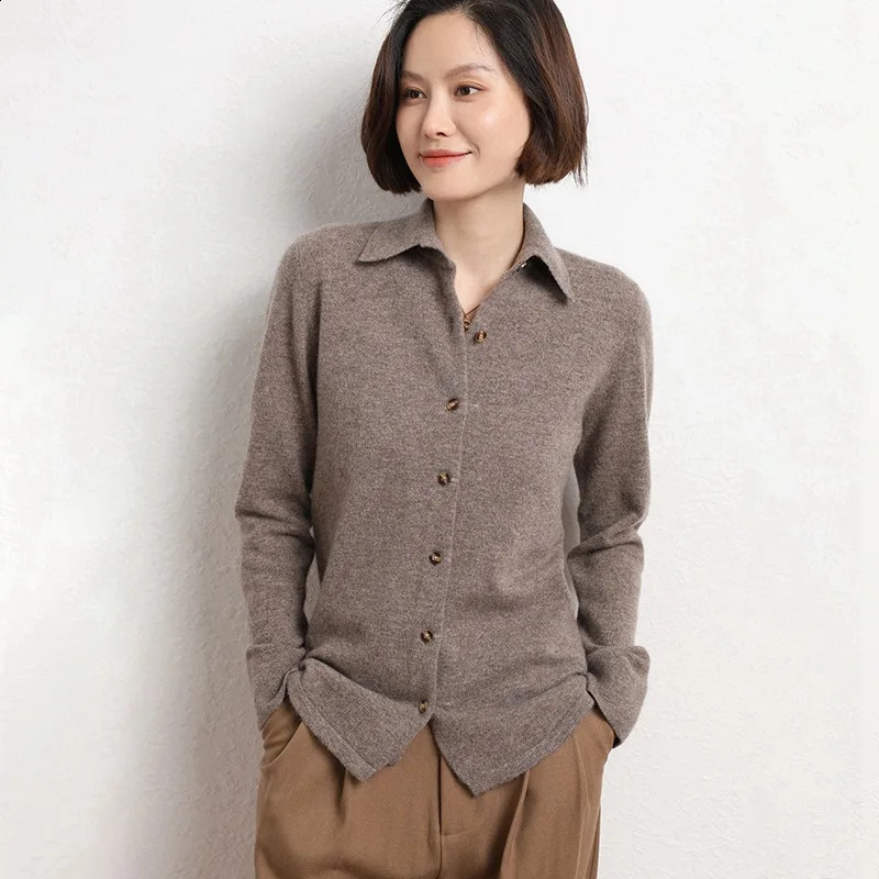Womens Sweater Cardigans Autumn Winter Warm Turndown Collar Single Breasted Slim Lady Brown Knitwear Solid Korean Femme Jumper 240824