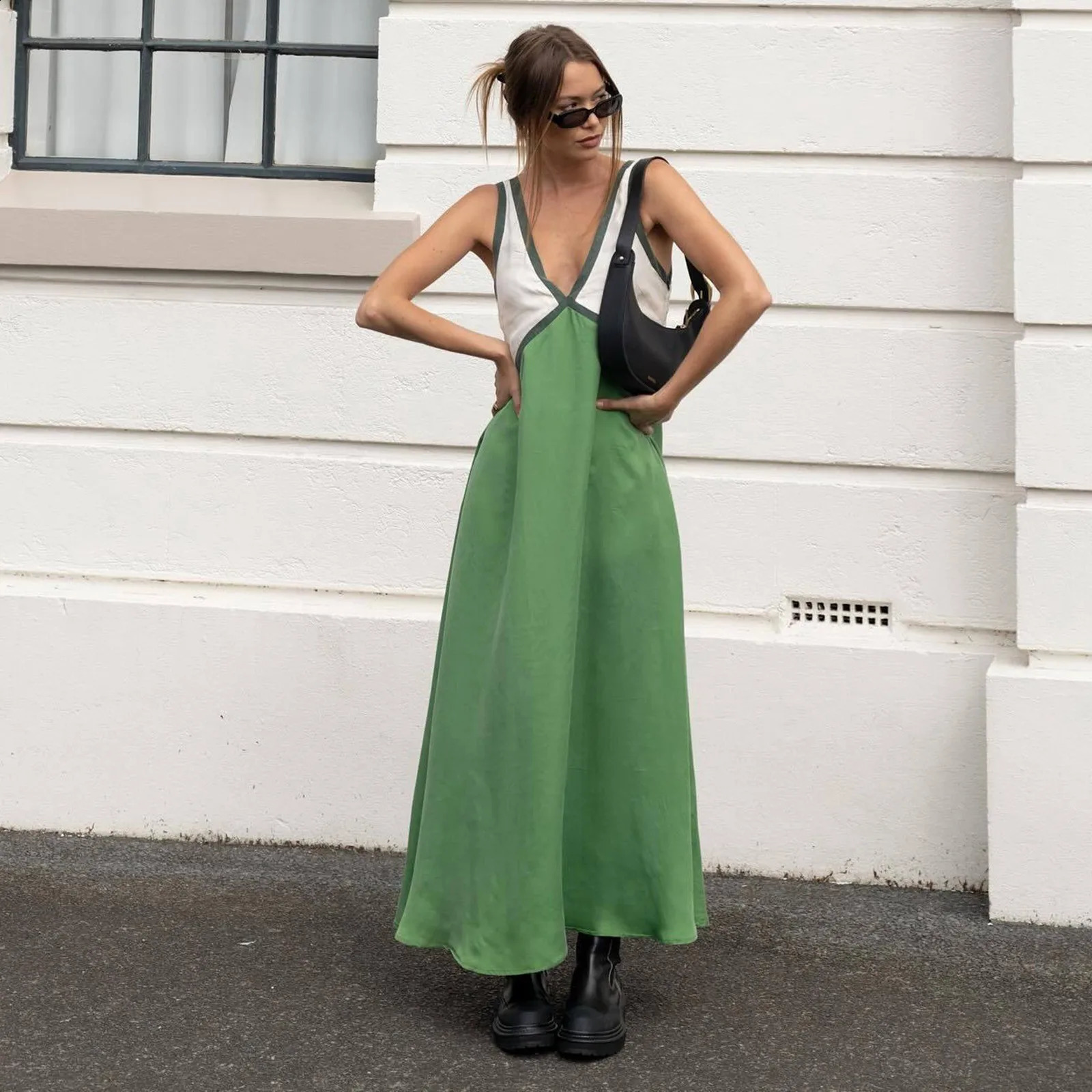 Fashionable Womens Elegant Dress V-neck Sleeveless Color Block Swinging Dress Holiday Elegant Dress 2024 240824
