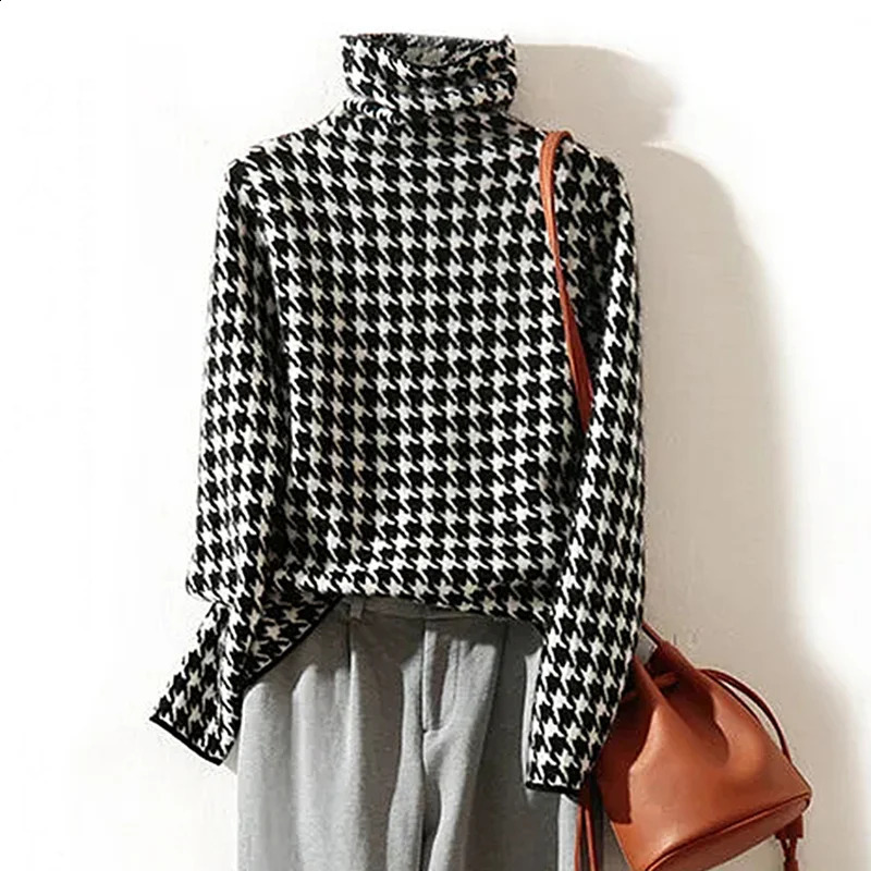 Houndstooth Plaid Turtleneck Retro Soft Knitted Womens Sweater Korean Fashion Long Sleeve Jumper Womens Pulling Unique Top 240826
