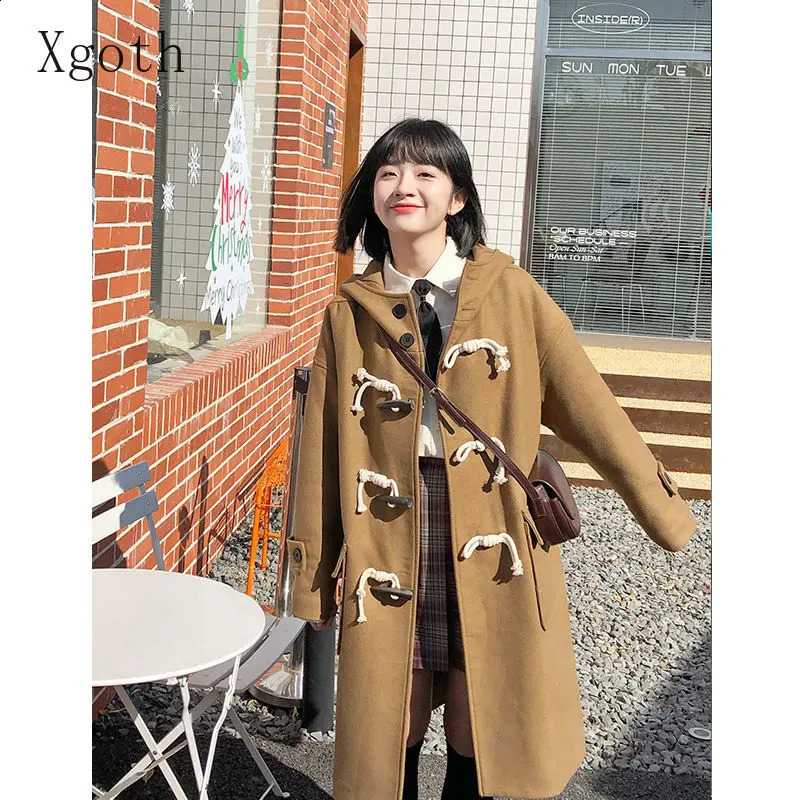 Xgoth Womens Wool Jackets Hooded Button Loose Casual Solid Coats Mid Length Thickened Korean Fashion Coat Winter Female Tops 240826