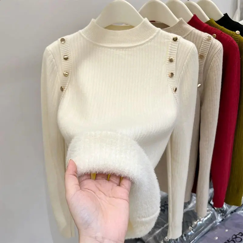 Pullage pour femmes de la mode coréenne Autemer hiver demi-col haut manches longues en peluche épaisse chauffante