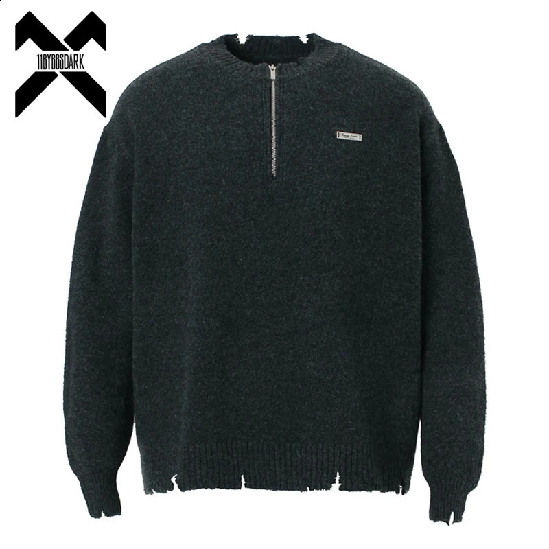 Rétro déchirer endommagé pull hommes demi fermeture éclair tricoté tirant 2024 grand pull tricoté en vrac Hip Hop Street Wear 240826